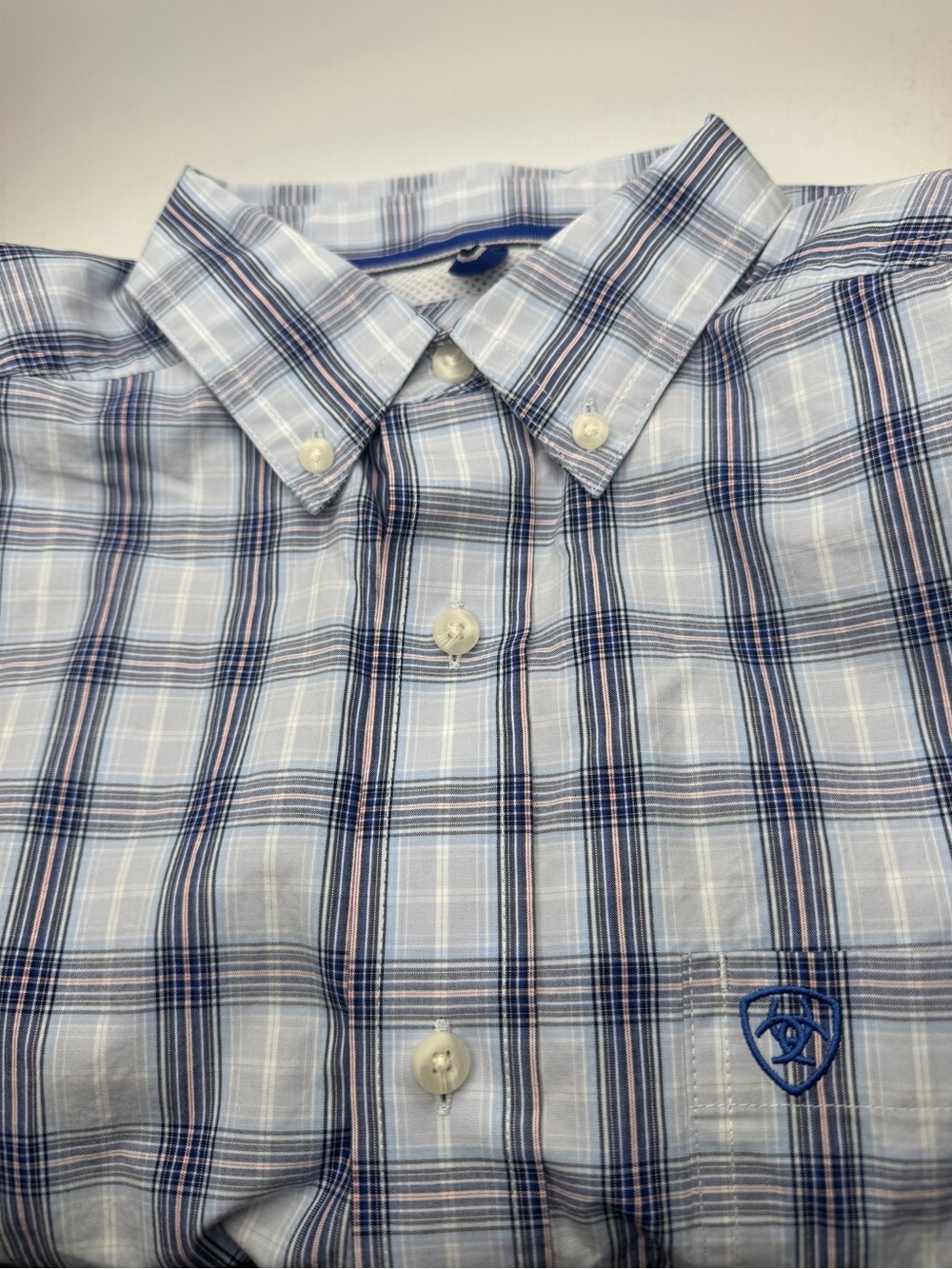 Ariat Light Blue Plaid Button-Down Shirt with Navy Accents